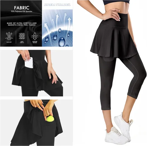 Vista 5 de QINGXUN Leggings con falda de tenis para mujer con 2 bolsillos, leggings de yoga con faldas estampadas, faldas de tenis con leggings para mujer