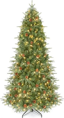 Vista 8 de Goplus Árbol de Navidad de 6 pies preiluminado artificial, árbol de Navidad con bisagras con conector de alimentación rápida de 360°, 350 luces LED