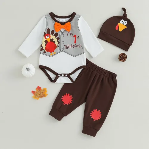 Vista 2 de FIOMVA My First Thanksgiving - Conjunto de 3 piezas para bebé, traje de bebé, pantalones y sombrero, para otoño e invierno