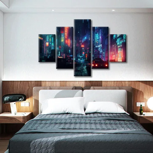 Vista 280 de Cuadros de 5 paneles de Cyberpunk City, arte de pared, representación de vallas publicitarias, edificios modernos en la capital con obras de arte