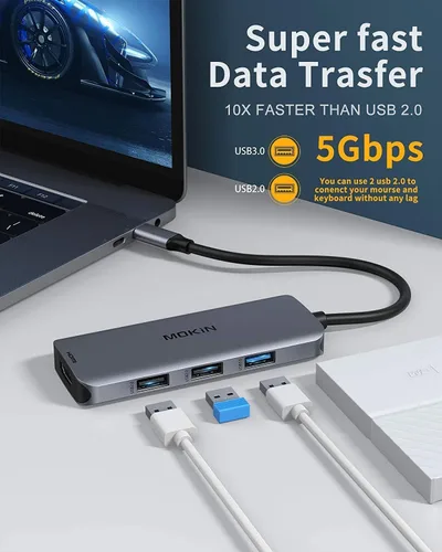 Vista 6 de Estación de acoplamiento USB C a adaptador HDMI dual, MOKiN USB C Hub Dual HDMI Monitores para Windows, adaptador USB C con HDMI dual, 3 puertos
