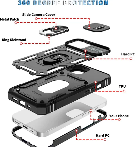 Vista 4 de Fetrim Funda para iPhone 14, Funda de teléfono con soporte de anillo de rotación para Apple iPhone 14 - Negro
