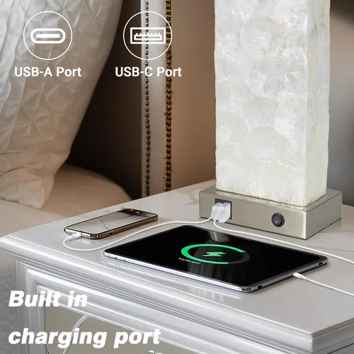 Vista 4 de Lámparas de mesa costeras de 28 pulgadas para sala de estar, lámparas de noche con luz nocturna, puertos USB A+C, moderna concha de mar