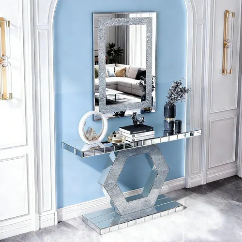 Vista 11 de SSLine Mesa de consola negra con espejo para sala de estar, mesa de entrada moderna de espejo de 43 pulgadas con base de cristal en forma de O