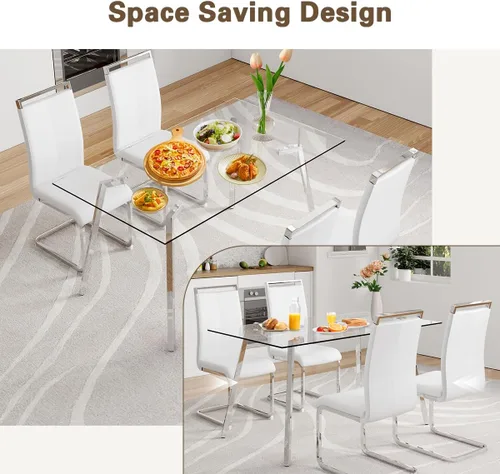 Vista 3 de Juego de mesa de comedor de cristal para 4, mesa rectangular con 4 sillas de cocina de cuero blanco, juego de comedor de cocina de 51 pulgadas, mesa