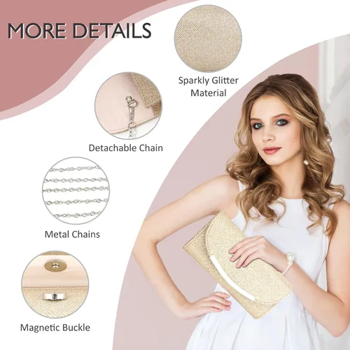 Vista 4 de Bolso de mano con purpurina para mujer, bolso de noche, bolso de mano, de metal brillante, sobre formal, boda, baile de graduación, bolso de mano