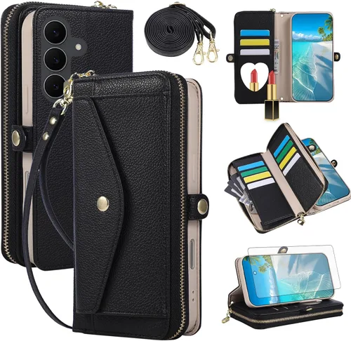 Vista 58 de Asuwish Funda de teléfono para Samsung Galaxy S23 5G con cremallera, funda para celular con protector de pantalla, correa para el hombro, espejo
