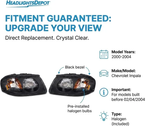 Vista 4 de HEADLIGHTSDEPOT Juego de faros halógenos compatible con Chevrolet Impala 2000-2004