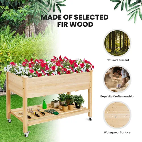 Vista 7 de COSTWAY Cama de jardín elevada con ruedas, maceta de madera con estante de almacenamiento para verduras, flores y hierbas, maceta elevada para patio