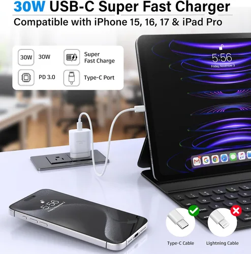 Vista 9 de TT&C - Bloque de cargador USB C de 30 W, adaptador de corriente de enchufe de pared para iPhone 17, 16, 15