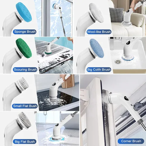 Vista 5 de Qimedo Cepillo Giratorio de Mano con Mango Largo Extendido, Cepillo Eléctrico Recargable para Limpieza, Cepillo Inalámbrico para Platos con 6