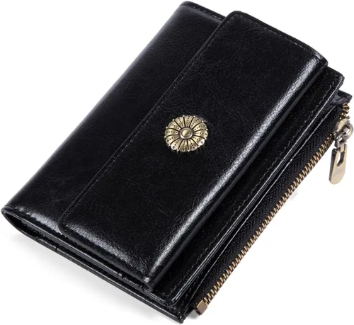 Vista 8 de Cartera pequeña para mujer, con bloqueo RFID, de piel suave, plegable, compacta, tarjetero para mujer, con bolsillo con cremallera, color negro