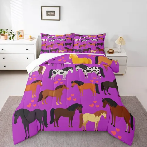 Vista 17 de Juego de edredón de vaquero individual, ropa de cama occidental para niños y hombres, ilustración dibujada a mano de caballo americano salvaje