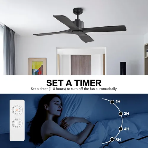 Vista 6 de WINGBO - Ventilador de techo DC de 48" sin luces, 4 aspas de madera maciza talladas, motor DC reversible silencioso de 6 velocidades, ventilador