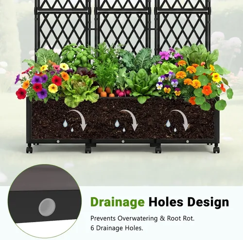 Vista 7 de DoCred Jardinera elevada de 63 pulgadas de alto con enrejado, maceta vertical para horticultura, jaula de tomate con ruedas para plantas trepadoras