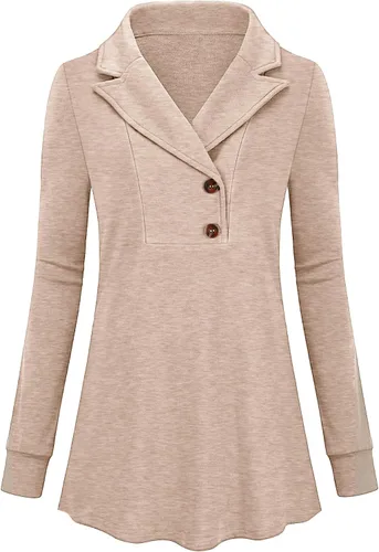 Vista 2 de Micoson Sudadera de manga larga con solapa y botones para mujer, cuello en V, casual, para negocios, sudadera con vuelo