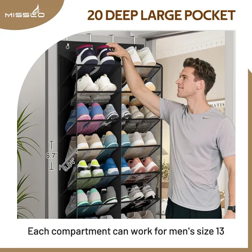 Vista 5 de MISSLO organizador de zapatos de 30 pares para colgar sobre la puerta, malla transpirable, estante colgante para zapatos para almacenamiento