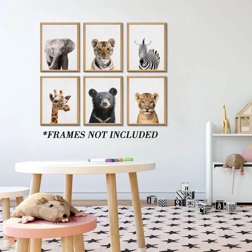 Vista 6 de EPHANY Pósteres y Impresiones de Animales de Safari para Bebés, Pintura sobre Lienzo para Guardería, Arte de Pared con Elefante, Tigre, Ciervo, Oso