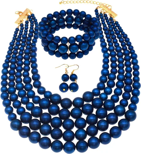 Vista 10 de JNF Collares grandes de perlas de imitación para mujer, collar de perlas de múltiples hebras, pulsera y aretes, collar de perlas para disfraz Negro
