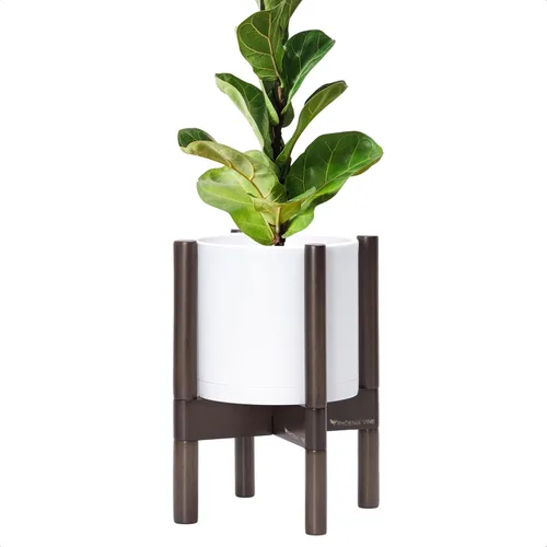Vista 32 de Maceta de D'vine Dev con soporte - Maceta de flores de cilindro de plástico de 8.0 pulgadas con soporte de madera para interiores, maceta mate negra