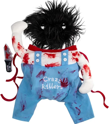Vista 5 de Ropa de perro asesino, disfraz de perro, disfraces de Halloween para perros, disfraz ajustable de cosplay para perros, divertida peluca de muñeca