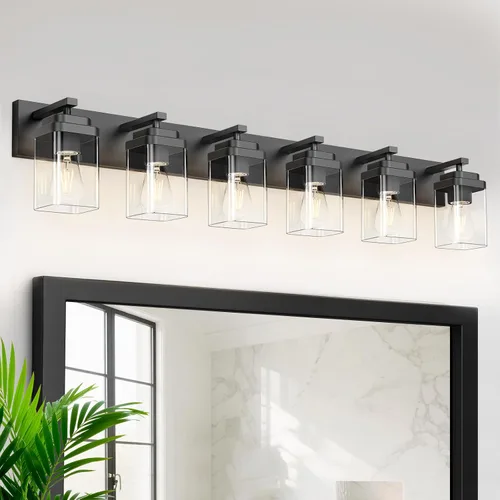 Vista 23 de Lámparas de baño de oro cepillado, 4 luces de baño sobre el espejo, diseño cuadrado y placa trasera grande rectangular, accesorios de iluminación