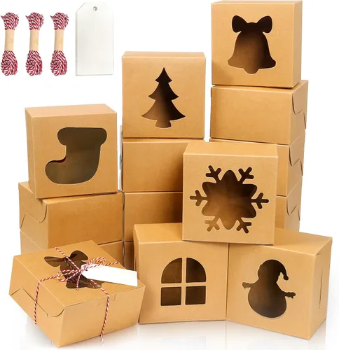 Vista 10 de 24 piezas Cajas de pastelería marrones con ventana, cajas de galletas de Navidad pequeñas de 4x4x2.5 pulgadas, cajas de regalo de Navidad