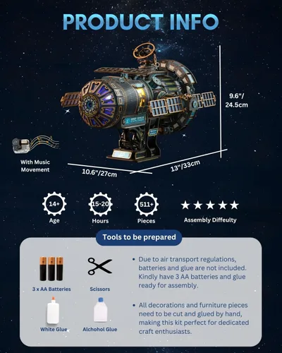 Vista 6 de Celestigon Station - Rompecabezas de madera 3D motorizados para adultos – Juego de construcción de estación espacial interestelar montada