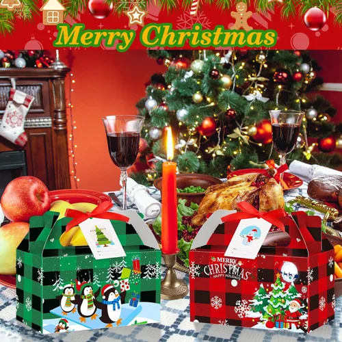 Vista 4 de Zhanmai Cajas de regalo de Navidad a cuadros, 100 piezas, incluye etiqueta de regalo y cinta, perfectas para regalos, fiestas (rojo y verde)