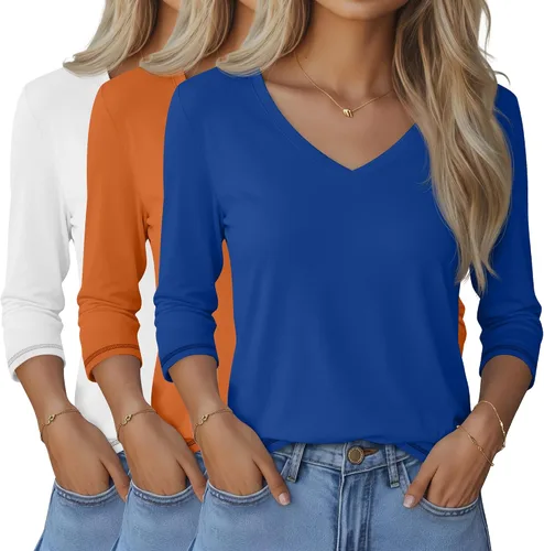 Vista 43 de Ficerd Paquete de 3 camisetas de manga 3/4 para mujer, cuello en V, blusas holgadas, blusas casuales, ropa de moda 2026