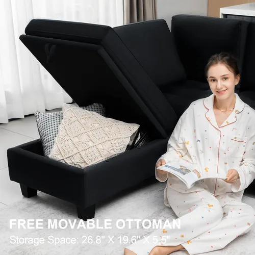 Vista 5 de Belffin Sofá cama modular convertible de terciopelo de 4 asientos con diván reversible, sofá cama seccional con almacenamiento otomano seccional