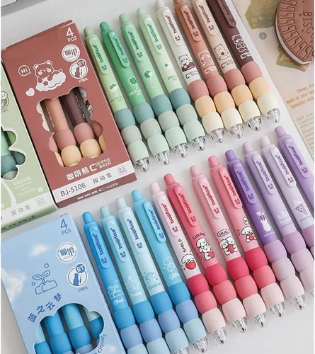 Vista 6 de MOZXIRZ 4 bolígrafos de gel estéticos retráctiles azules, de agarre suave, bolígrafo de tinta negra kawaii para oficina, escuela, suministros