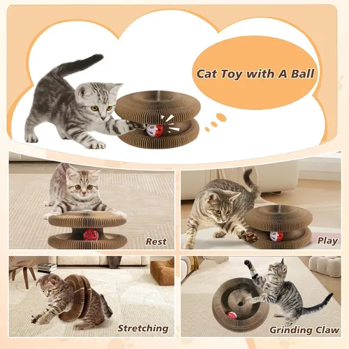 Vista 6 de Tablero rascador plegable con bola de campana, juguete mágico para gatos Marrón (Brown 1Pcs)