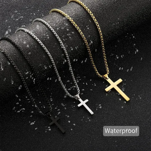Vista 5 de HSWYFCJY Collar de cruz para hombre, plata negra y oro, acero inoxidable, con dije de cruz lisa, collar con colgante de cruz, joyería fiel