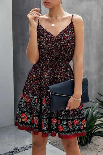 Vista 6 de PRETTYGARDEN - Vestido corto floral de verano, cuello en V, tirantes delgados, abotonado, vestido de verano, vestido mini de verano con volantes