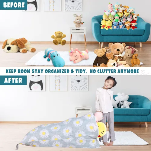 Vista 5 de LOLOMLO Funda para puf de almacenamiento de animales de peluche, lona con margaritas de felpa, artículos de almacenamiento y asiento sentado