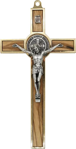Vista 3 de Cruz de pared pequeña de San Benito, patrón de los estudiantes, 5.25 pulgadas de alto, madera y metal, gran regalo católico para bautismo, primera
