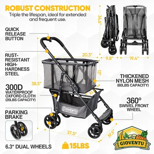 Vista 5 de Carrito de compras plegable con ruedas, carritos de comestibles multiusos de 80 libras con ruedas de 360° y bolsa extraíble, carritos de compras