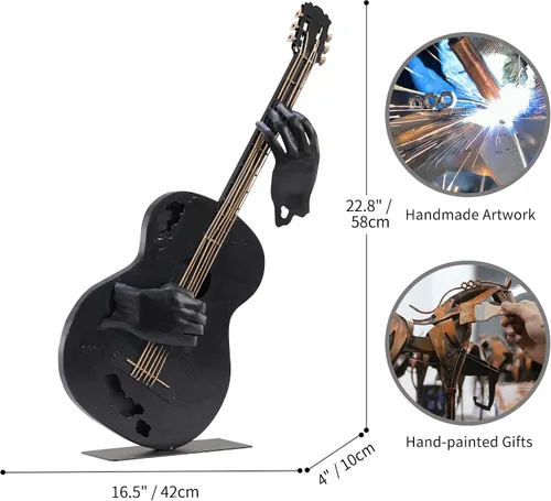 Vista 2 de SunBlogs Art - Decoración de guitarra de metal de 23 pulgadas de alto, escultura musical hecha a mano (negro) Hand-painted Metal Statue, Western