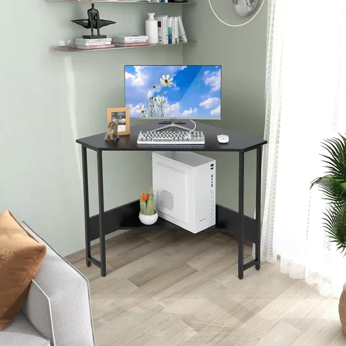 Vista 8 de COSTWAY Escritorio esquinero para computadora, con puertos USB y toma de corriente, estante de almacenamiento para espacios pequeños, escritorio