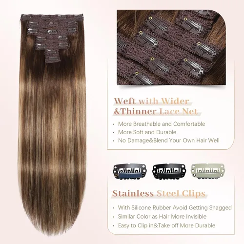 Vista 3 de Sisily - Extensiones de cabello con clip de cabello humano real, 30 cm 70 g, balayage de marrón chocolate a rubio, 100% cabello humano Remy