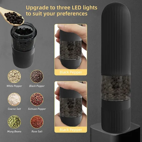 Vista 5 de T-mark Juego de molinillo eléctrico de sal y pimienta, funciona con pilas, molinillo automático de sal y pimienta con una sola mano con luces LED