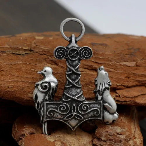Vista 3 de Collar nórdico Odin Thors Mjolnir vikingo vikingo lobo y cuervo con colgante de pájaros antiguos, No es una piedra preciosa