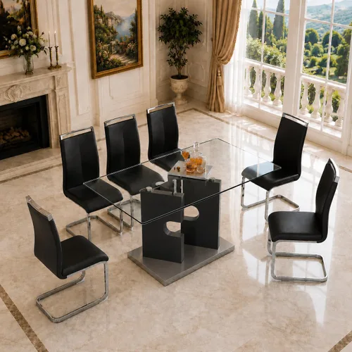 Vista 3 de Ebullient Juego de mesa de comedor de cristal de 63 pulgadas para 6, mesa de comedor de vidrio negro y base de MDF, mesa de cocina rectangular Mesa