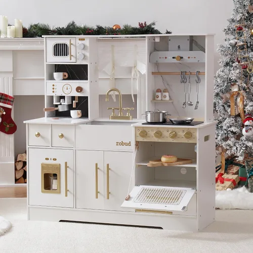 Vista 2 de ROBOTIME Juego de cocina de madera para niños pequeños y niños, juego de cocina de juguete con máquina de hielo y cafetera, juego de cocina realista