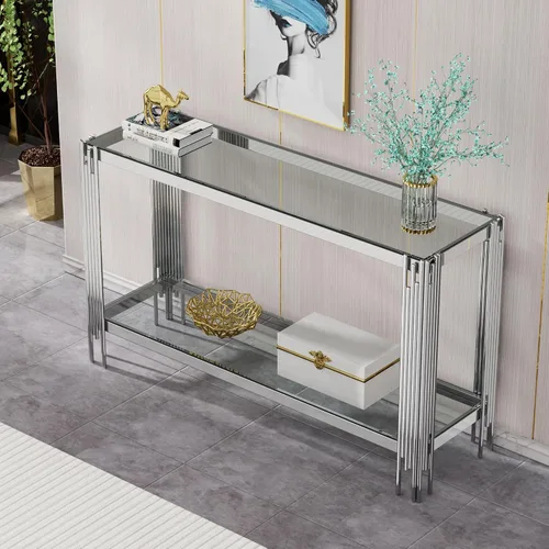 Vista 13 de Mesa auxiliar rectangular de vidrio de 48 pulgadas, mesa de centro de 2 niveles con parte superior de vidrio templado negro, patas de acero