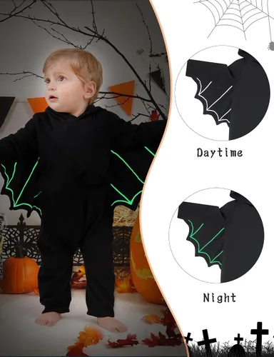 Vista 4 de Goodstoworld Disfraz de Halloween para bebé recién nacido, para niño y niña, color negro con murciélago que brilla en la oscuridad, body de 0 a 18