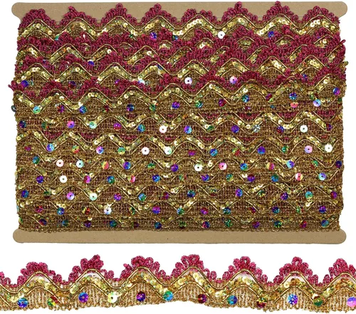 Vista 16 de Cinta larga de 14 yardas de ancho, 1.378 in/1.37 pulgadas, color oro azul con lentejuelas doradas, adorno de encaje decorado para manualidades, tela