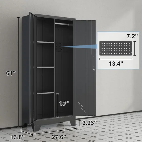 Vista 3 de Armario de almacenamiento de metal de 61 pulgadas con puertas con cerradura, gabinete de suministros de limpieza con tablero de clavijas y barra