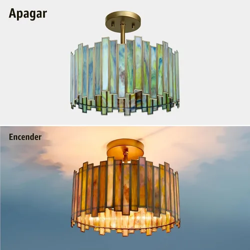 Vista 4 de Lámpara de techo de latón antiguo en forma de tambor, lámpara Tiffany semiempotrada de 12.5 pulgadas con vidrio verde Mable, iluminación colgante